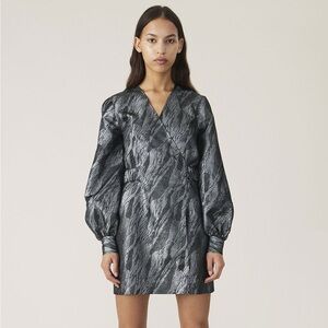 *** SOLD Ganni Black & Gray Textured Metallic Jacquard Wrap Dress